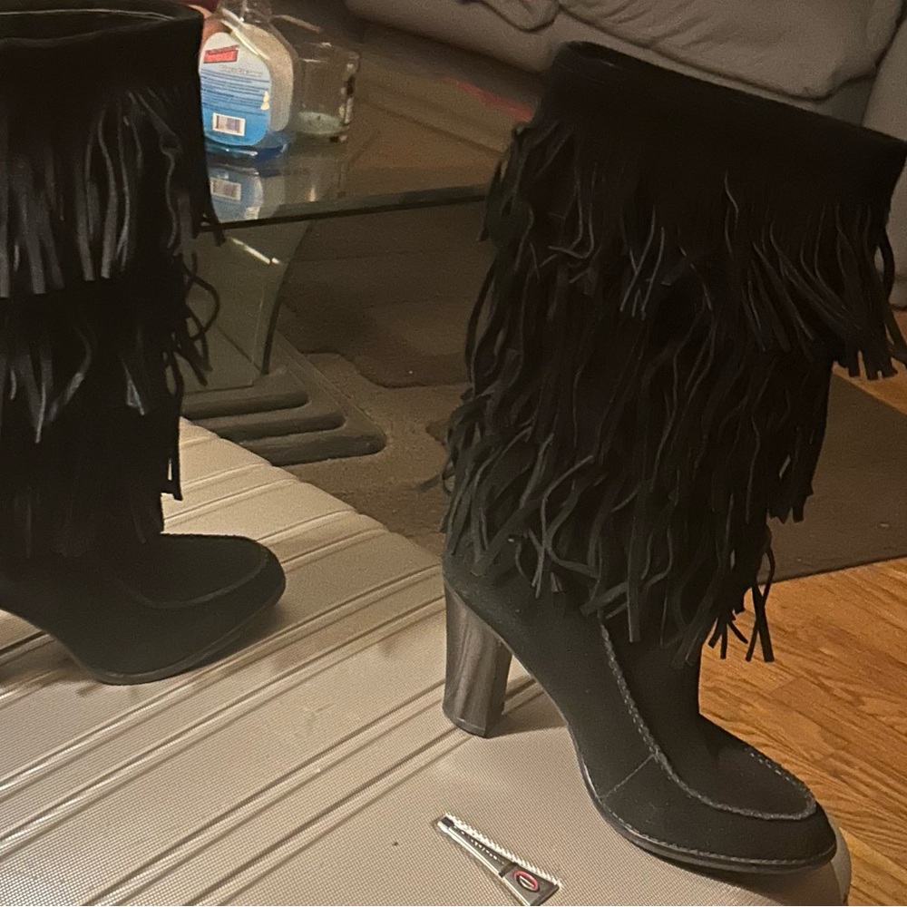 Fringe black Ralph Lauren boots.3 1/2” heel Size 9